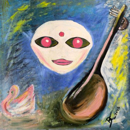 Maa Saraswati Oil Canvas Painting by Artist Debayan Kundu 30 x 30 Inches